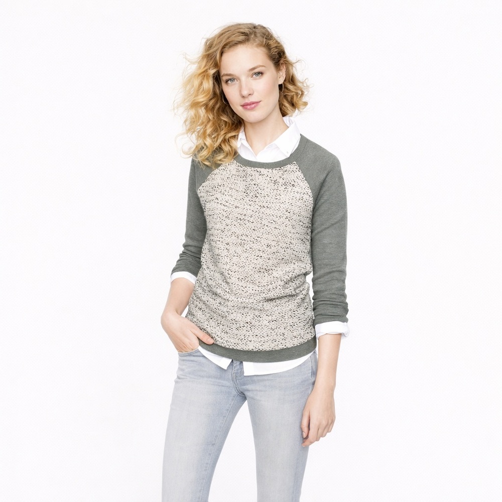 ◾️J Crew Tweed Merino Wool Blend Pullover Baseball Sweater